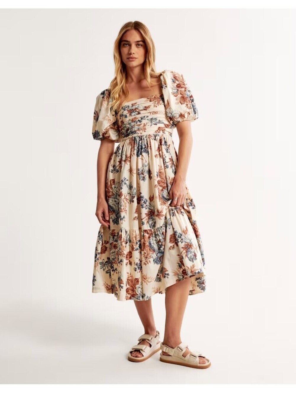 Abercrombie & Fitch Emerson Poplin Puff Sleeve Midi Dress Cream Floral Small